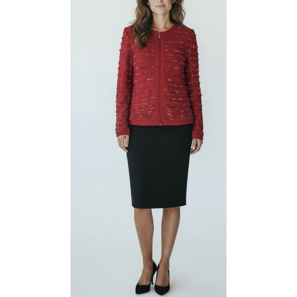 St. John Couture Red Pink Metallic Boucle Knit Zip Jacket Shimmer Tweed Blazer 8
